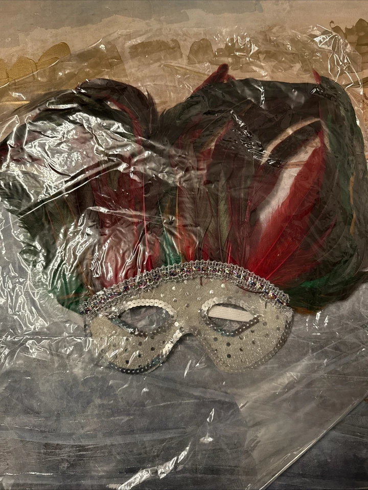 Vintage  Red Feather Hand Painted Masquerade Mask Mardi Gras Made In Italy - Image 1 of 1