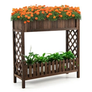 2-Tier Wood Raised Garden Bed Elevated Planter Box with Storage Shelf & Fence - Picture 1 of 9