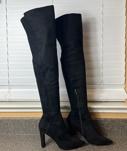 ALDO Over The Knee Boots High Heel Women Sz 7.5 Black Faux Suede Zip Pointed Toe - Picture 1 of 9