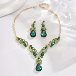 Green Bridal Necklace Earrings Set Crystal Wedding Jewelry Set Rhinestone Gold - Picture 1 of 4