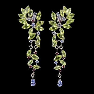 925 Sterling Silver Marquise Peridot 6x3mm Tanzanite Gems  Earrings - Image 1 of 4