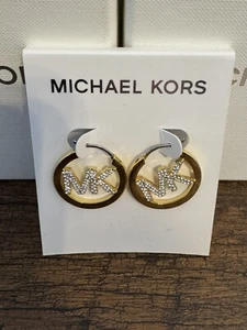 NEW MICHAEL KORS GOLD TONE,MK CRYSTALS LOGO OPEN HOOP EARRINGS MKJ7635 - Picture 1 of 3