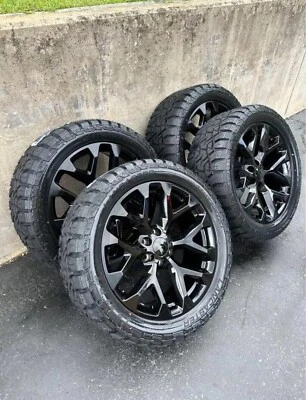 22" SNOWFLAKE GLOSS BLACK WHEELS RIMS 33" RT TIRES CHEVY GMC 1500 RST Z71 DENALI - Image 1 of 4