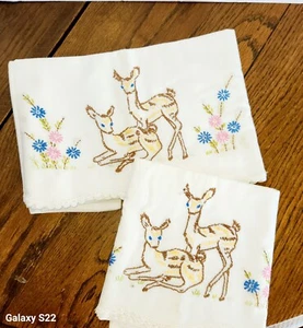 VTG Set Of 2 Pillow Cases Embroidered Deer Flowers Crochet Trim White Pink Blue - Picture 1 of 8