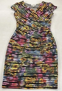 Joseph Ribkoff Rainbow Sunflowers Striped Faux Wrap Stretch Dress Women’s 12 - Picture 1 of 5