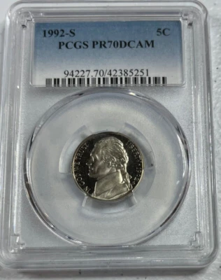 1992-S  Jefferson US Mint Nickel,  PR70 by PCGS,  CAMEO,  a SUPERB looking coin! - Image 1 of 4