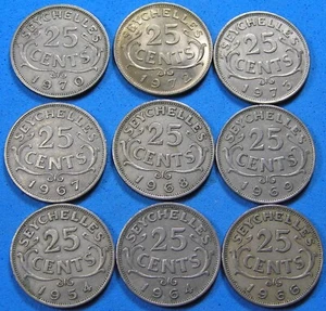 Seychelles Lot of 9 Coins 25 Cents 1954 to 1973 Diff Dates, Combined Shipping - Picture 1 of 2