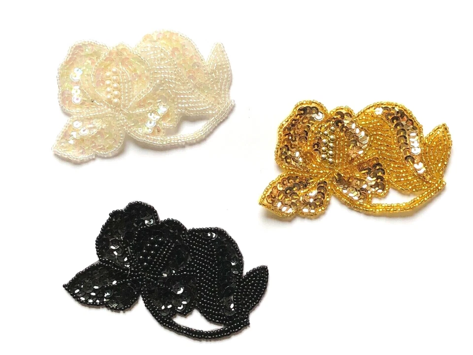 BS14 White Gold Black Flower Trim Fringe Beaded Sequin Applique   - Image 1 of 1