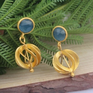 Blue Chalcedony Dangle Earrings Twisted Gold Plated Chalcedony Fashion Earring - Picture 1 of 5