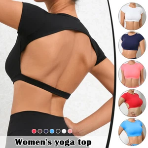 Women Backless Crop Top Short Sleeve Yoga Shirt Fitness Workout Tops GymT-shirts - Picture 1 of 23