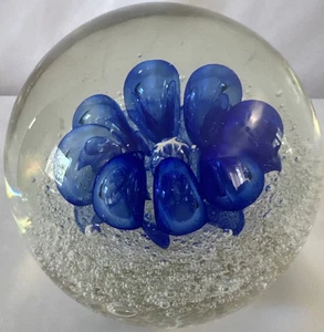 Elegant Glass Paperweight with Blue Floral & Delicate Air Bubbles In Design 4” - Picture 1 of 5
