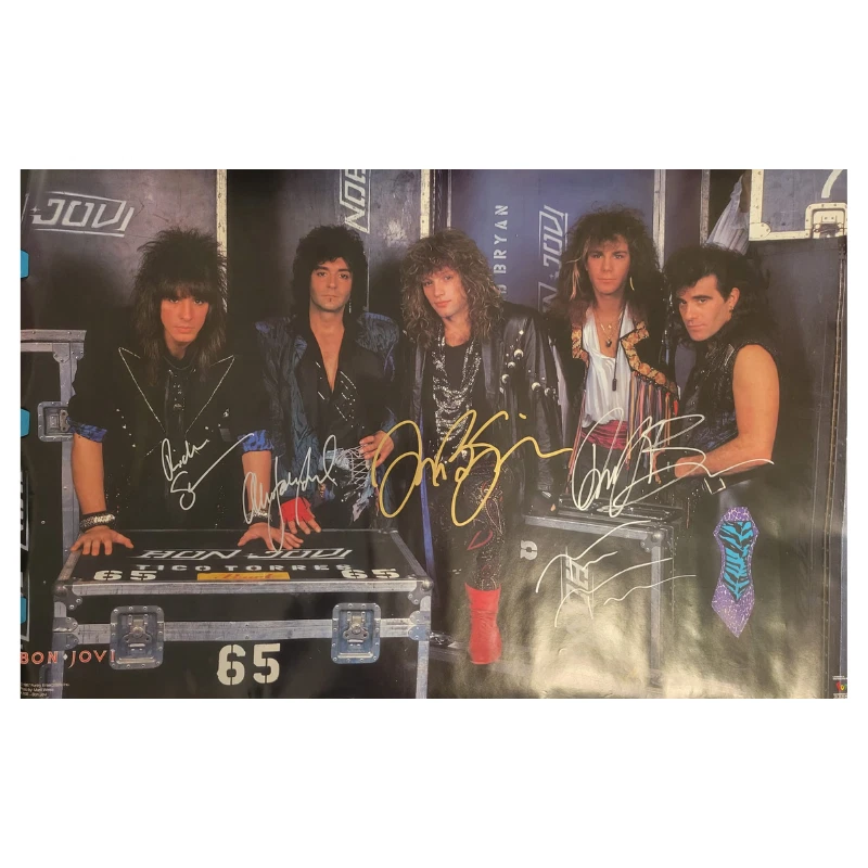 Póster de gira firmado por Bon Jovi resbaladizo cuando mojado por 5 músicos Foto 1 de 1