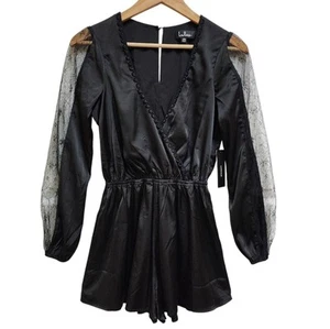 Lulus Romper Women Sz XS Black Satin Lace Long Sleeve Surplice Party - Picture 1 of 10