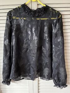 Isabel Marant Sheer Embroidered Black Silk Blouse shirt metallic Sz 40 12-14