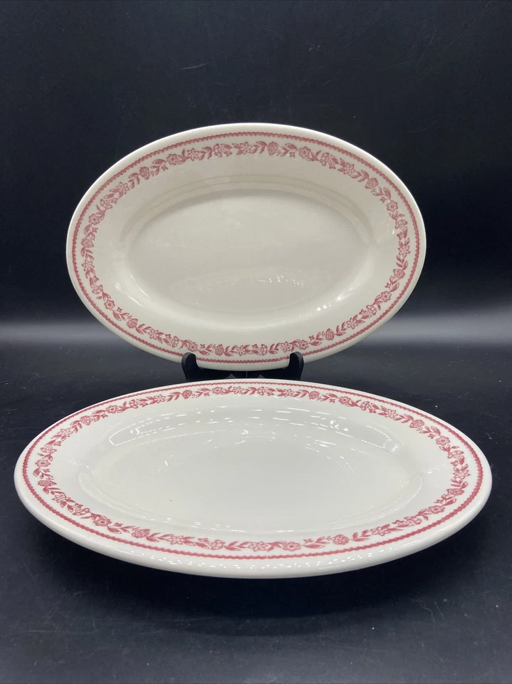 pair of buffalo china platters white w/ red floral trim 13.25” X 9.25” - Image 1 of 4