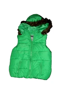 JUSTICE Puffer vest w/ hood ⌤ green zippered - SIZE 16, faux fur - Picture 1 of 4
