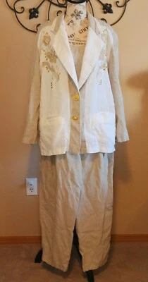 Traje Pantalón Vintage Saint Germain Paris 3 Piezas Adornado Años 80 Talla M Lino Tostado Usado en Excelente Condición Foto 1 de 4