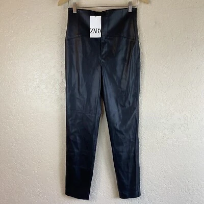 Zara S High Waisted Vegan Leather Black Pants Leggings Skinny Shiny Moto NWT - Image 1 of 4