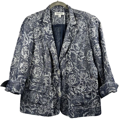 Coldwater Creek Blazer Size 10P Petite Blue Roses Long Sleeve Linen Blend Button - Image 1 of 4