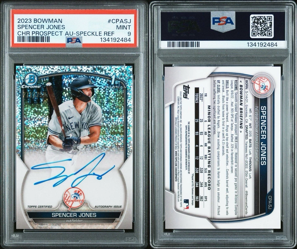 2023 Bowman #CPA-SJ Spencer Jones 1st Speckle Refractor Auto /299 PSA 9 - Image 1 of 1