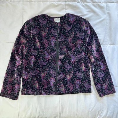 Vtg Landau Velvet Open Front Jacket Women 12 Multi Purple Paisley Floral 80s 90s - Image 1 of 4