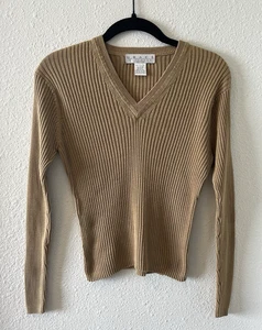 Vintage Grace Knitwear Petites Top Size PM 100% Silk Ribbed Stretchy Tan V Neck - Picture 1 of 13