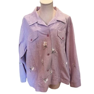 Quacker Factory Sz 1X Gingham Daisies Purple Plaid Embroidered Check Jacket - Picture 1 of 7