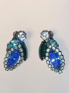 Pendientes de clip vintage raros firmados en blanco azul claro verde estrás - Imagen 1 de 14