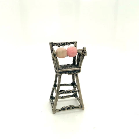 Vintage Sterling Figure Carved Ornate Baby High Chair with Pink Beads Miniature Cover