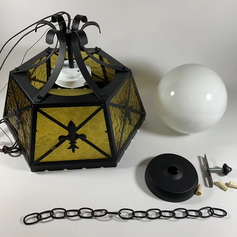 NOS Vintage Black Metal Fleur de Lis Gothic Ceiling Light Fixture, Amber Panels Cover