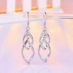 Womens Long Double Leaf Drop Dangle Hook Earrings 925 Sterling Silver Jewellery - Picture 1 of 4