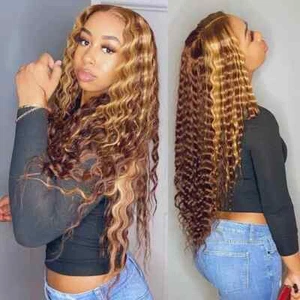 Curly Human Hair 13x1 Color Deep Water Wave Hd Frontal Highlight Lace Front Wigs - Picture 1 of 13