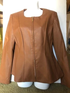 DKNY Women's Brown Front Zip Faux Leather Coat Jacket Size 8 - Picture 1 of 9