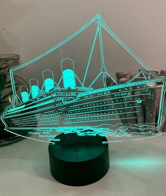 Titanic Boat 3D Night Lamp Personalised With Any Name LED MultiLights USB Remote - Image 1 of 4