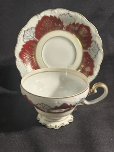 Occupied Japan Teacup & Saucer Saji Fancy China Burgundy W/Gold Trim - Picture 1 of 5