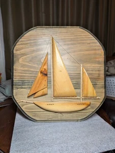 Vintage 3D Wood Sailboat Folk Art Plaque Wood Schooner Nautical Decor - Picture 1 of 11