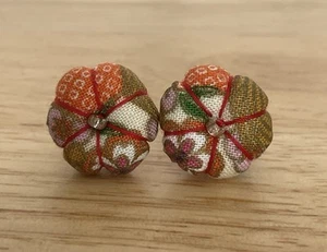 Pumpkin Pin Cushion Style Floral Fabric Earrings Retro Kitsch Autumn Halloween - Picture 1 of 4