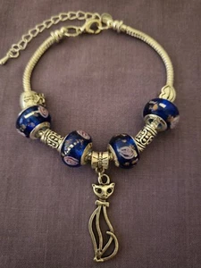 Hallmarked Murano Glass Beaded Bracelet, 4 Beads + 3 Silver Charms & 2 Spacers - Picture 1 of 8