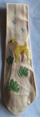Vintage Necktie Hand Painted Cutter Cravat Dog, Peach, Green Men’s Tie 3 3/4x 48 - Image 1 of 4