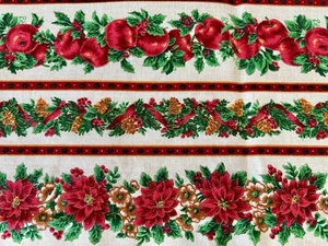 70s Cranston Christmas Fabric Apples Poinsettias Gold Metallic 80”x30” Remnant - Picture 1 of 3