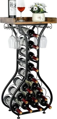 Rustic Wine Rack Cabinet with Glass Storage Holds 14 Bottles Metal Wood Design - Image 1 of 4