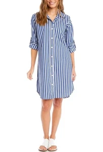 Roll Tab Stripe Shirtdress in 100% Woven Cotton by Karen Kane Button Down Size S - Picture 1 of 15