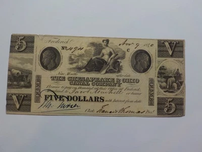 Currency Note 1840 5 Dollar Bill The Chesapeake & Ohio Canal Company Frederick  - Image 1 of 2