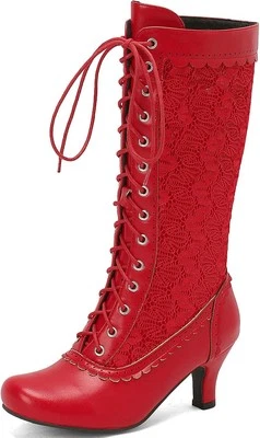 Botas victorianas góticas LUXMAX para mujer tacón bajo de gatito media pantorrilla con cordones...  Foto 1 de 4