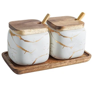 2 Sets of Marble Ceramic Sugar Bowl Ceramic Seasoning Jars with Wooden Lid an... - Picture 1 of 7