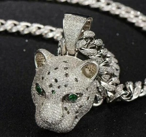 Men's Tiger Head Face Pendant 2 Ct Real Moissanite Round 14K White Gold Plated - Picture 1 of 6