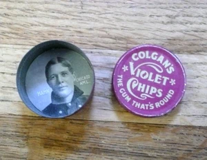 Antique COLGAN’S VIOLET CHIP Tin with Excellent ED HAHN Baseball "Card" Insert! - Picture 1 of 4