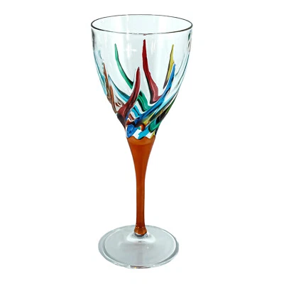 Murano Wine Glass Hand Painted Multi Orange Stem Green Blue Venice Italy - Image 1 of 4
