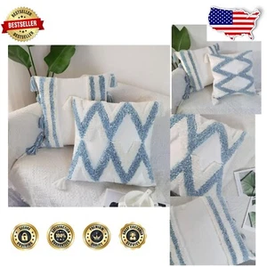 Stylish 20x20 Inch Tufted Velvet Pillow Covers with Tassels - White & Blue - Picture 1 of 11