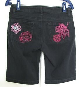 DKNY Black Embroidered Denim Shorts 27 Jeans Women XS Pink White Floral Pockets